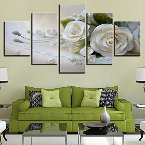 Leinwand Bilder Leinwandbilder Romantische Weiße Rosen Mit Rahmen 150 X 100 Cm Hd Poster 5 Teilig Wohnzimmer Wandbilder Gemälde Wohndekorationen Wanddekoration Geschenk Schlafzimmerbürohotelwandkunst
