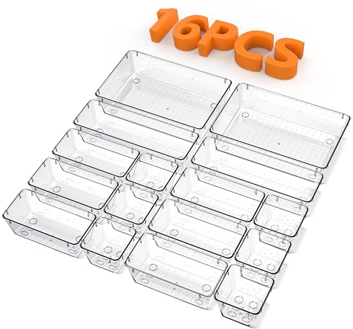 TOWINGO Organizer Cassetti Scrivania 16 Pezzi, Organizzatore Trucchi in 4 Dimensioni Trasparenti, Divisori Cassetti per Cosmetici, Bagno, Cucina, Gadget e Accessori per Ufficio
