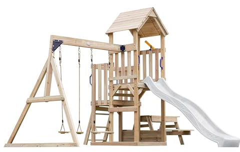 AXI Mette Casetta in Legno Bimbi 2 Altalene, Tavolo da Picnic, Scivolo Bianco | Area Giochi All'Aperto con Altalene/Sabbiera/Scivolo Telescopico | Casa da Gioco all'Aperto in Legno su Palafitte