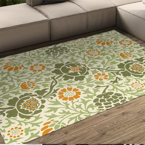 HOBBOY Blumenbereich Teppich William Morris Grüne Pflanzen Blätter Teppich Waschbare Teppiche Innen-Außen-Matte für Wohnzimmer Esszimmer Schlafzimmer 120 x 170 cm