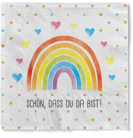 Sovie HOME Serviette Rainbow Schön, dass du da bist, Weiß, 33 x 33 cm, 1/4 Falz, 3-lagig, 20 Stück, Tissue Papierservietten mit Regenbogen-Design