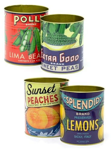 Carousel Home Set Of 4 Retro Style Vintage Fruit & Peas Storage Tins | 4 Piece Replica Food Tins Decorative Tinned Cans | Metal Storage Tins