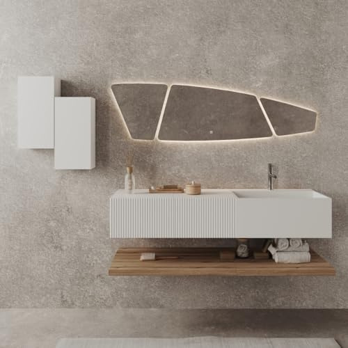 Kiamami Valentina Mobile Bagno Sospeso 140 Cm Bianco E Legno Miele Rodi | 2 cassetti, lavabo in resina, specchio esagonale 150 cm, mensole rovere miele, led integrato, design moderno