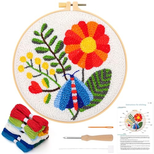 JSRQT Stanznadel-Stickerei-Starter-Sets für Bastelliebhaber, Teppichhaken-Anfänger-Set mit Blumen- und Insektenmuster