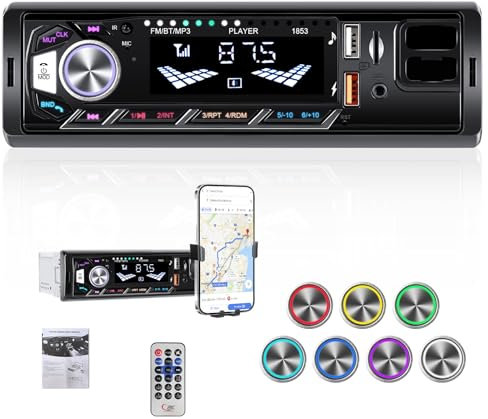 CAMECHO Autoradio 1 Din Bluetooth 5.0 mit Handyhalterung, Autoradio mit Bluetooth Freisprecheinrichtung, MP3 Tuner mit U Disk/FM/TF-Karte/AUX/2 USB 7 Backlight, 4 * 45W