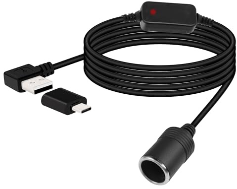 RIIEYOCA 12V USB zu Zigarettenanzünder Buchse Konverter Kabel, 5V zu 12V 90 Grad rechtwinklig USB Stecker zu Zigarettenanzünder Buchse Adapter für Dash Cam, Radar-Detektor, GPS (3M/9,9FT)