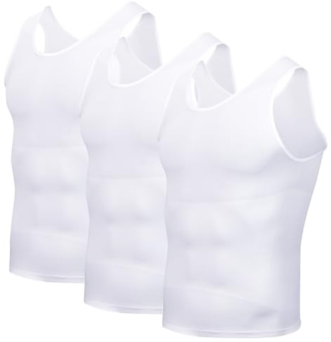 Casey Kevin Men's Compression Vest Slimming Body Shaper Tank Tops Shapewear Workout Undershirts Compression Top Pack of 3, White, M