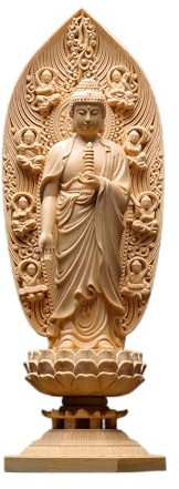 Statua di Buddha della medicina in legno di cipresso intagliato a mano, con pagoda, arte in legno per la decorazione della casa e del tempio