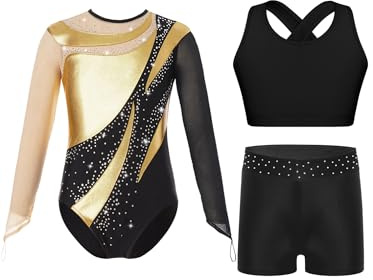FEESHOW Mädchen Gymnastikanzug Langarm Mit Kurze Hose Und Tank Top Patchwork Glitzer Turnanzug Kinder Gymnastik Tanzkleidung