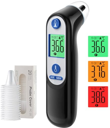 Thermomètre Auriculaire Haute Précision pour bébé, Thermomètres Médicaux et accessoires | Mesure rapide en 1 seconde | Indicateur sonore de fièvre (109-LCD Noir profond)