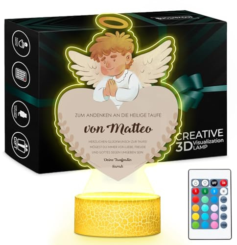 Maverton Lampe de Chevet Enfant avec impression, Veilleuse Bébé | Personnalisé, Cadeau Bapteme Garcon et Fille, Souvenir Baptême Ange Gardien pour Enfant, avec Éclairage Multicolore