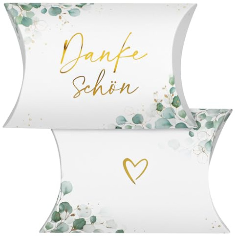 BETESSIN Gastgeschenke Hochzeit - 50 Stück Dankeschön Kissenschachteln mit Eukalyptus Design - Dankeschön Geschenke Klein - Geschenkboxen für Hochzeit, Geburtstag, Taufe, Babyparty uvm. (10x7x2.4cm)