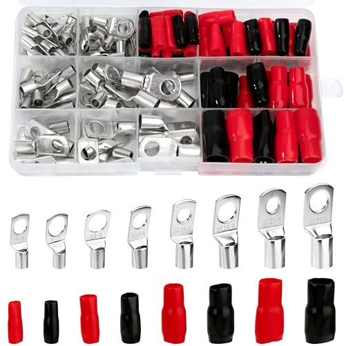 M6 M8 Ring Terminali Connettori Kit, Capicorda Elettrici in Rame Stagnato Cavo Batteria SC Connettore, per Aggraffatura Filo Cavo Elettrico, con Tubi Termorestringenti (140 Pezzi)