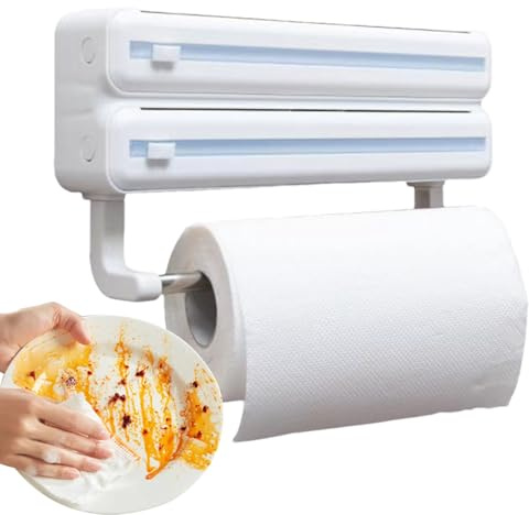 Aluminium Foil Dispenser, Refillable Foil Dispenser, Wrap Organiser, Cutter Wall Mount, Food Cling Film Cutter, Wrap Storage Box Dispenser with Tissue Stand, Multifunctional