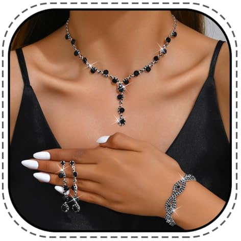 Evlry Juego de joyas para novia, collar y pendientes con diamantes de imitación negros, accesorios de boda para mujer