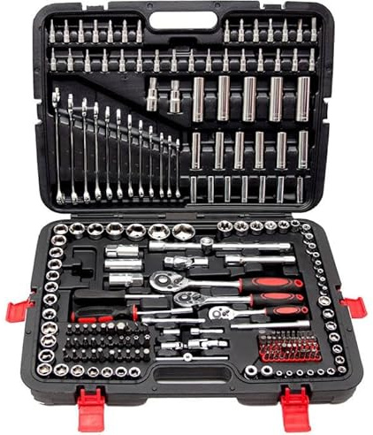 Juego de 216 piezas con caja de carracas, juego de llaves de tubo de 1/4, 3/8, 1/2 pulgadas | Juego de herramientas de vanadio y brocas incl. adaptador de brocas para atornilladores de batería |