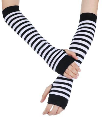 APLZGMG Y2K Striped Arm Warmers, Black & White Long Fingerless Knitted Gloves with Thumb Hole, Harajuku Kawaii Punk Gothic Arm Sleeves for Women & Men