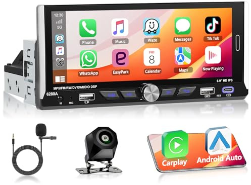 Motorsi Autoradio Android 15 avec Apple Carplay 6.9 Pouces IPS 1280P Tactile 1 Din Autoradio 4 Cœurs 2+64G Auto Radio Bluetooth GPS DSP Android Auto WiFi FM/RDS Radio, Caméra AHD De Recul&Micro