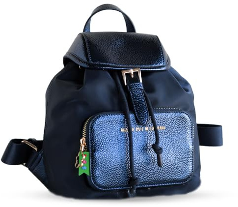 Agatha Ruiz de la Prada Blauer Nylon-Rucksack mit Deckel und Vordertasche, metallisches Kunstleder