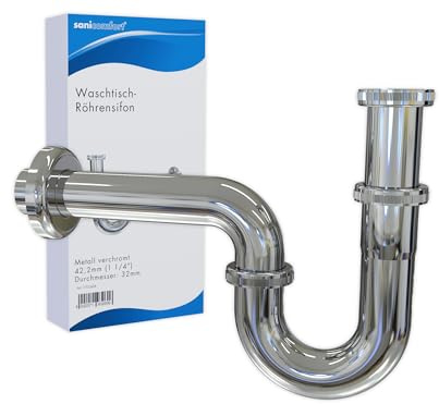 sanicomfort Washbasin Pipe Siphon 42.4 mm (1 1/4) x 32 mm - Chrome Plated Stainless Steel with Rosette - Universal Siphon for Sink & Washbasin, Odour Trap, Drain Fitting