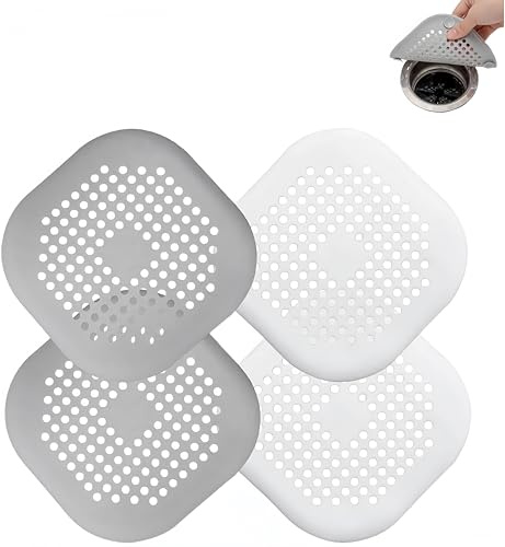 QHFlashbuy Silicona Protector De Drenaje,4 Pcs Cubierta de Desagüe de Ducha,Evitar Que Los Desagües Obstruidos,Tapa de Drenaje de con Ventosas Fuertes para Bañera,Baño,Cocina (Blanco/Gris)