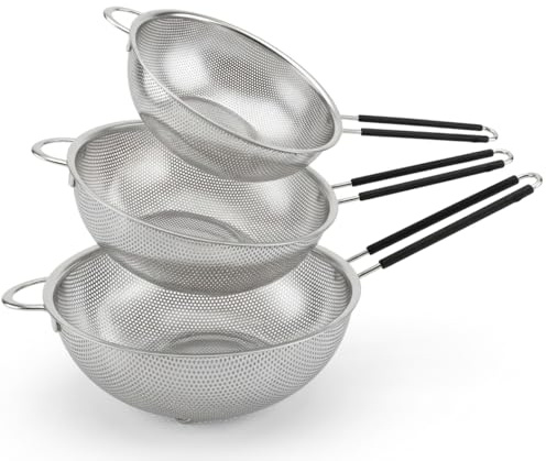 Space Home - Passoire de Cuisine en Acier Inoxydable - Micro-Perforée avec Poignée Stable - Égouttage Précis pour Quinoa, Riz, Pâtes, Fruits et Légumes - Set 3 - 16, 19 y 22 cm