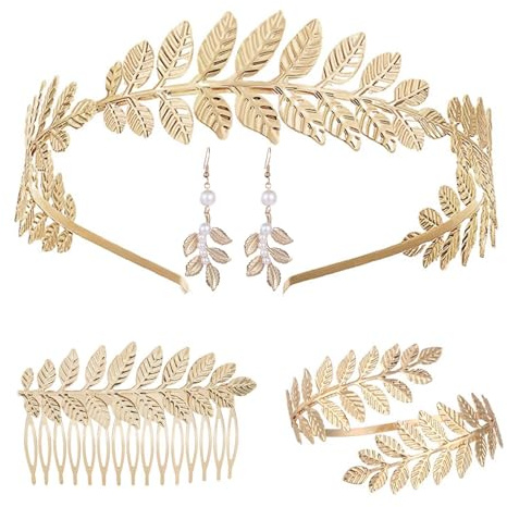 Diyxisk 4 Stück Griechische Göttin Kostüm Accessoires Set Gold Antike | Gold, Lorbeerkranz Haarreif & Haarkamm, Verstellbarer Spiral Oberarmreif Ohrringe, Damen Haarschmuck für Toga Party Fasching
