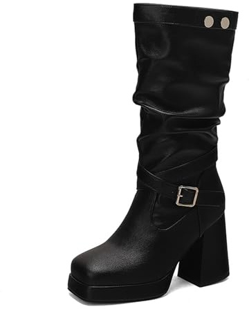 Plateau-ankelstövlar Med Blockklack Ankelboots Med Fyrkantig Tå Och Metallspänne Slip-on-stövlar Med Bred Skaft Plisserade Höga Klackar I PU-läder For Kontoret, Festen(Black,39 EU)