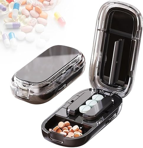 Tablettenteiler, 2026 NEW Pill Cutter,Pillenschneider,Tabletten Teiler für Große und Kleine Tabletten,Medikamententeiler mit Aufbewahrungsfach,für Reise & Haustier (Black-1/2)
