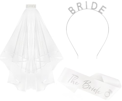 Srotmirw Braut Stirnband Schleier Schärpe Set Strass BRIDE Stirnband Weißer Tüllschleier Satin Schärpe für Junggesellinnenabschied Hochzeit Party Accessoires