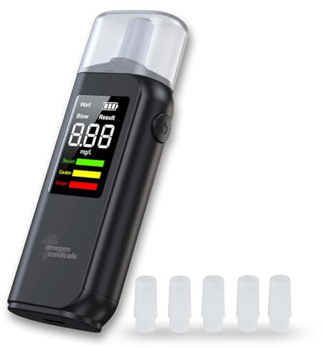 Newgen Medicals Alkoholmessgerät: Berührungsloser Alkoholtester mit LCD-Anzeige, LED-Farbskala und Akku (Alkoholtester für Auto, für unterwegs, Alkotester)