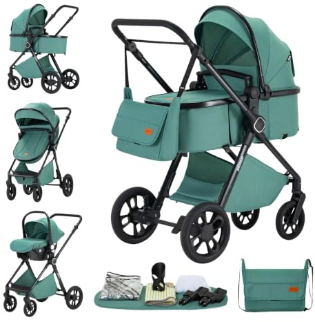 GLOKID Kinderwagen 3 in 1 Komplettset bis 22 kg, Höhenverstellbarer, Babyschale 40-75 cm, verstellbare Liegeposition, zusammenklappbar, Wickeltasche, Moskitonetz und Adapter、Grün