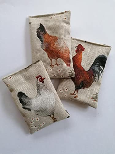 schraegdesign 3er Set Kissen HÜHNER Katzen Baumwoll-Leinen Katzenspielzeug Bio-Kräuter Baldrian Catnip