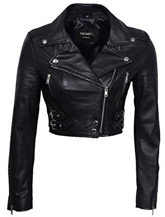 Infinity Frauen- schicke Schwarze Geerntetes Bikerjacke aus Leder 14