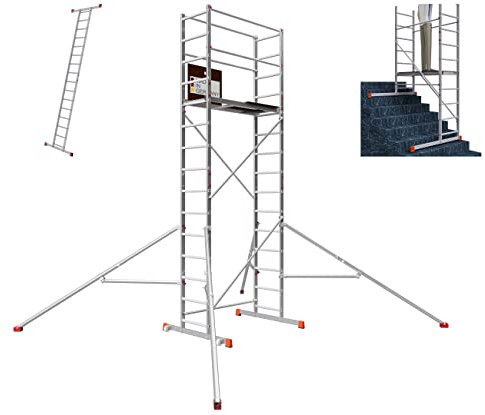 ALTEC AluCombine 4.0-500 | 5m | Alu Fahrgerüst für Heimwerker mit 2 Bockrollen & Dreieckausleger | Baugerüst Rollgerüst Montagegerüst Anlegeleiter