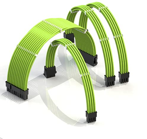 LINKUP - AVA 30cm Câble d’Extension PSU w/Manchon | Conception Personnalisable l’Alimentation GPU | Tressés w/Kit Peignes pour Câbles | 1x24P (20+4) | 1x8P (4+4) CPU | 2x8P (6+2) GPU | 300mm - Vert