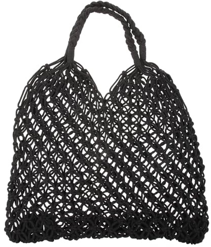Handgemachte Tasche Netztasche Häkeltasche Einkaufsbeutel Umhängetasche für Strand Urlaub Shoppen Einkaufen in Stroh schwarz