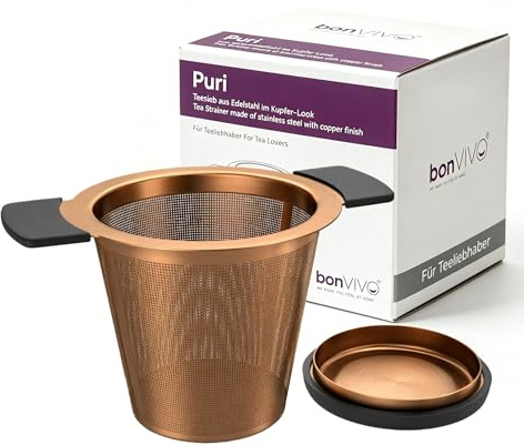 bonVIVO Puri Teesieb aus Edelstahl, Praktisches Teesieb für Teekanne oder Tasse, Hochwertiger & funktionaler Teefilter für losen Tee, Teefilter, teesieb für losen tee tasse | Hitzeschutz-Griff, Teefilter Edelstahl mit Deckel & Integrierter Abtropfschale, Universal Dauerfilter für Tasse & Teekanne