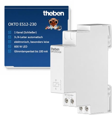 Theben 3120130 OKTO ES12-230 Stromstoßschalter elektronisch leise 1-Kanal | 230 V, REG, DIN-Schiene/Hutschiene, 600 W LED, 100 mA Glimmlast, Nulldurchgang, 3-/4-Leiter automatisch, 0,3 W Standby