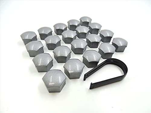 Partsdealers WHEEL NUT COVERS FOR VOLVO S40 S60 S80 S90 V50 V60 V90 XC40 XC60 XC70 X90 BOLT CAPS + LOCKING COVERS 19mm SET (GLOSSY ALLOY GREY x20 +TOOL)