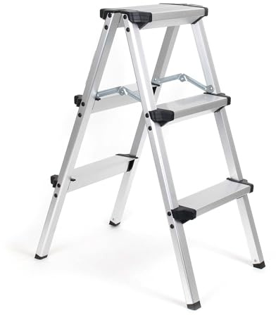 Wiltec Klappleiter aus Aluminium bis 150 kg, beidseitig nutzbare Trittleiter, Aluleiter 73 cm mit 3 Stufen, Stehleiter mit Rutschfester Trittfläche