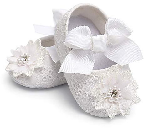 Ohwawadi Infant Girl Shoes for Christening & Baptism, Bowknot, Flowers, Mary Jane Flats, Princess Dress Shoes