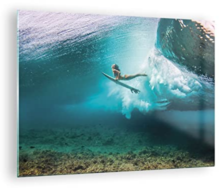 Bilder auf Glas Surfen Unterwasser Frau Glasbild 70x50cm Wandbilder Dekoration Wohnzimmer Schlafzimmer Küche Deko Klein Wanddeko Bild im Glas Wand Kunstdruck Art Modern Wall Decor GAA70x50-4898
