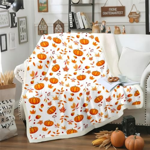 Halloween Kürbis Kuscheldecke Frohes Herbst Decke Werfen 100 x 130 Süße Herbstblumen Ahornblätter Fleecedecken Thanksgiving Geschenke Decken für Kinder Jungen Mädchen Herbst Zuhause Raumdekoration