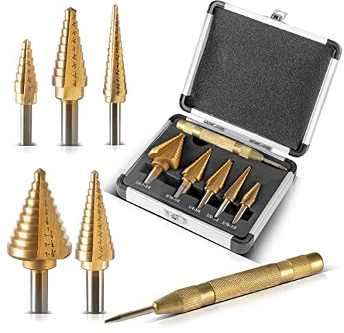 STAHLWERK HSS Stufenbohrer/Kegelbohrer Set 6 Teile mit TiN-Beschichtung, Senkbohrer/Metallbohrer inklusive Automatik-Körner und Aluminiumkoffer