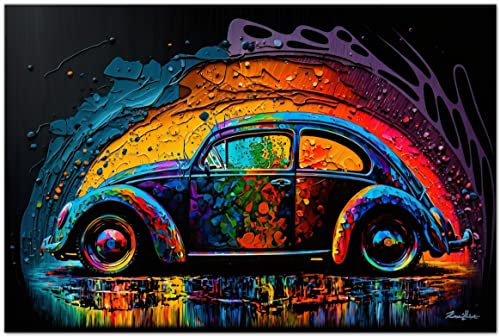 Printonia Bild auf Leinwand 120x80cm Volkswagen VW Käfer Oldtimer Abstrakt Grafik Art Automobil Bilder Deko Dekoration Wandbild Kunstdruck