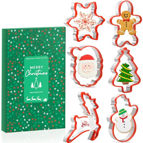 Keepaty Weihnachts-Ausstechformen für Kinder - 6 Stück Silikonkante Aus Edelstahl - Motive: Weihnachtsmann, Schneeflocke, Tannenbaum, Lebkuchenmann, Rentier