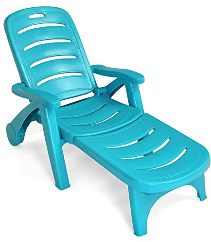 Giantex Faltbare Sonnenliege mit Rollen, zusammenklappbare Sonnenliege mit verstellbarer Rückenlehne und klappbarer Fußstütze, für Garten, Pool und Strand, 3 Farben (Türkis)