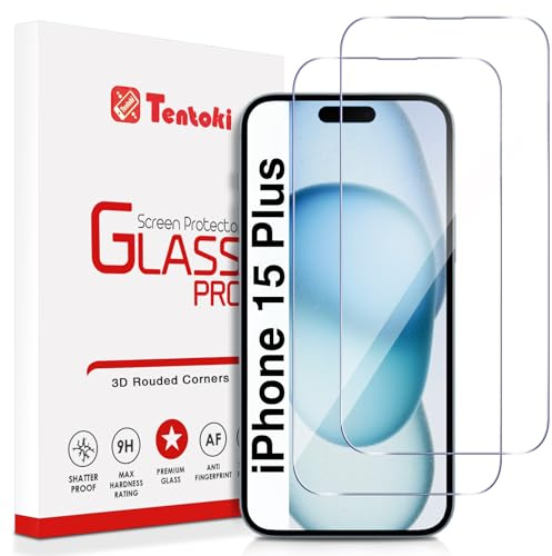 Tentoki Pellicola protettiva in vetro temperato per iPhone 15 Plus/iPhone 15 Pro Max (6,7 pollici), pellicola protettiva 2,5D, design ad arco [2 pezzi] Ultra HD, durezza 9H, antigraffio, compatibile