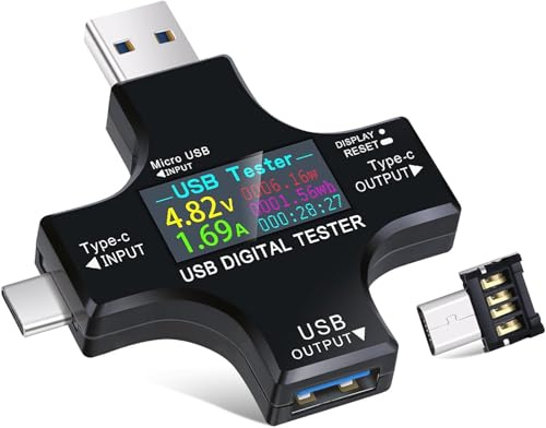 Avatcen Testeur USB de type C 2 en 1 Multimètre numérique à écran couleur LCD, Voltage courant USB C Voltmètre Ampèremètre Détecteur de charge de câble USB Indicateur DC3.6-30V/0-5.1A